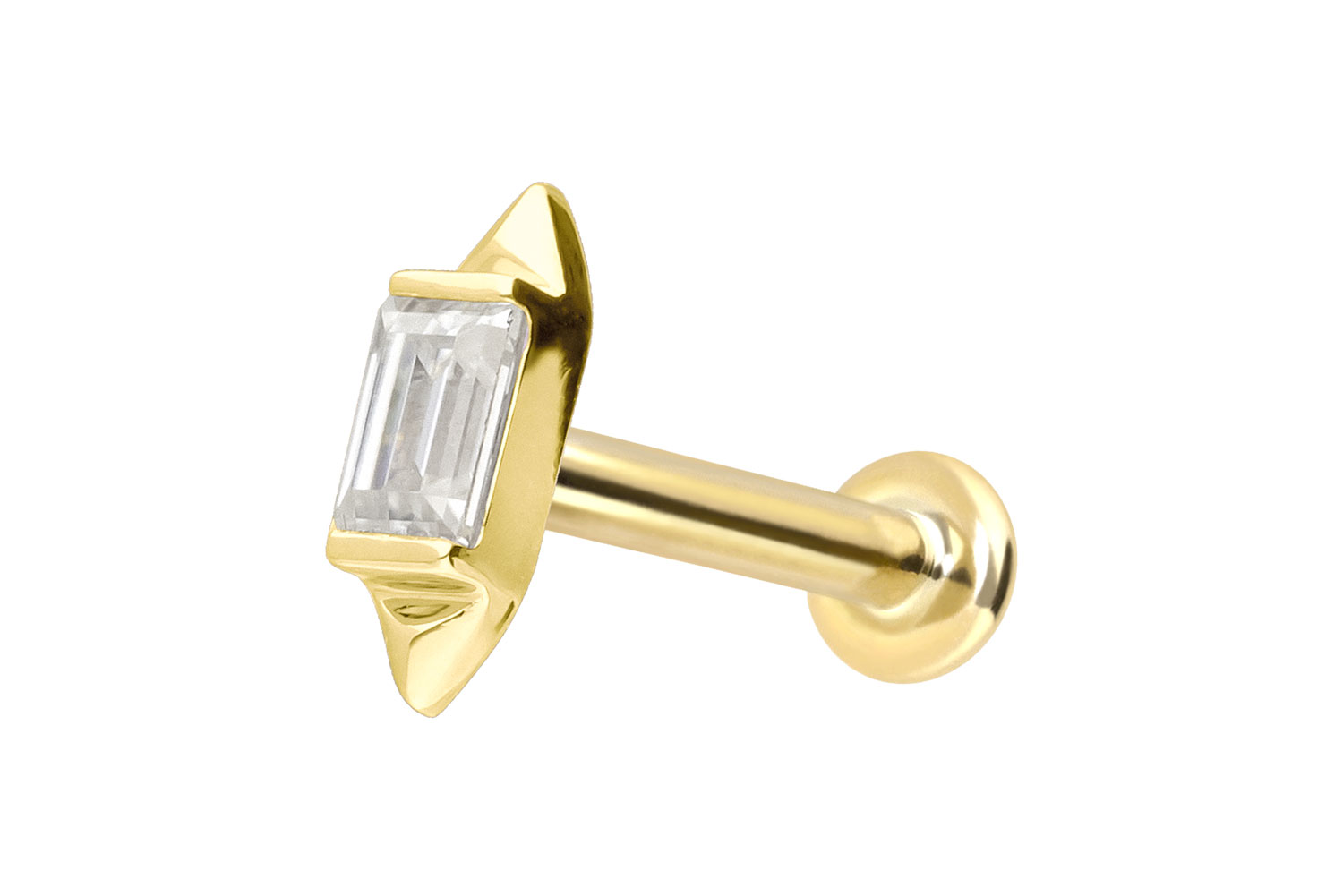 14 Karat Gold Labret Piercing mit Innengewinde MOISSANIT-RECHTECK + 2 SPITZEN